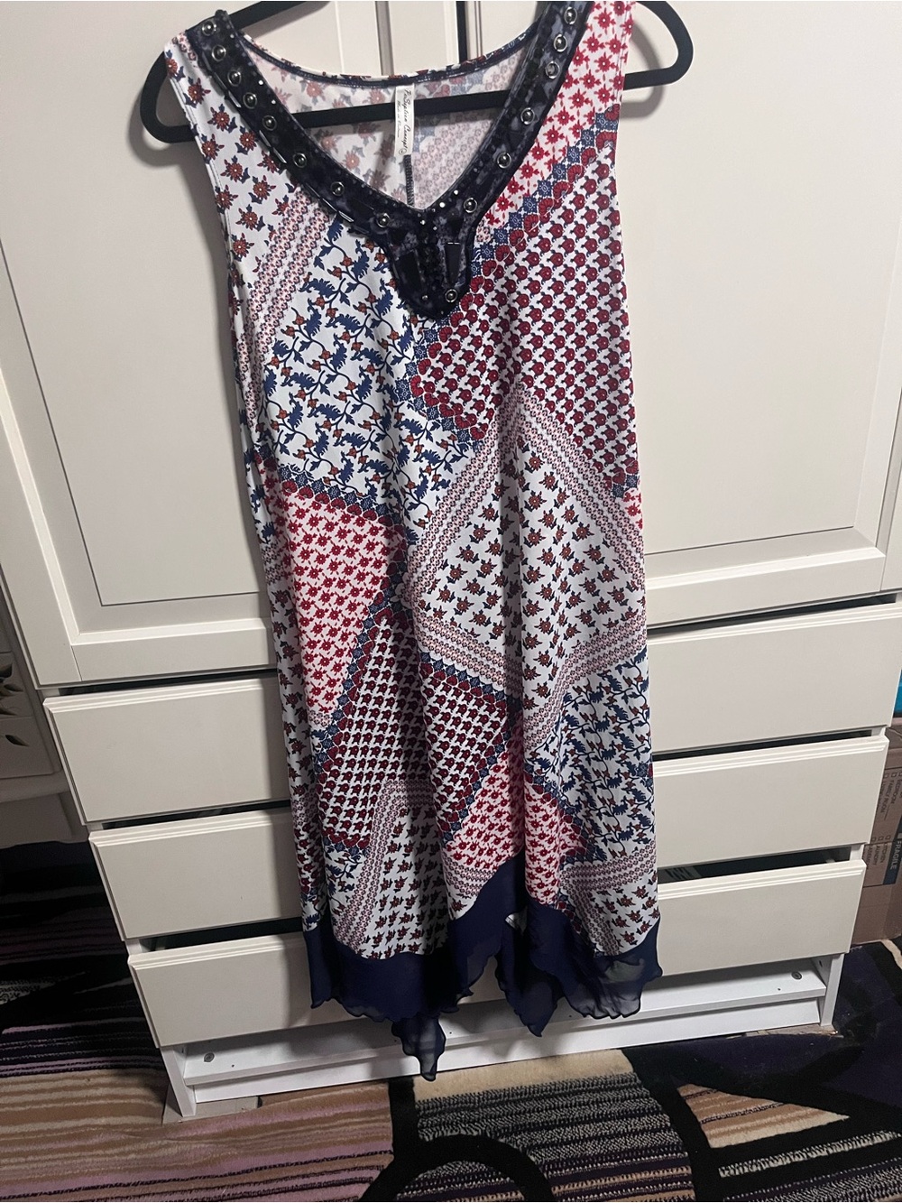 Patchwork Print High-Low Skirt in Red, White & Blue
